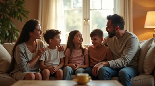 Une famille assise ensemble dans un espace chaleureux et lumineux, parents et enfants écoutant activement, moments d'empathie partagée.