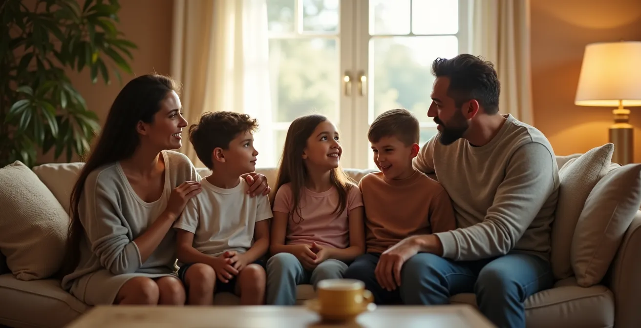 Une famille assise ensemble dans un espace chaleureux et lumineux, parents et enfants écoutant activement, moments d'empathie partagée.