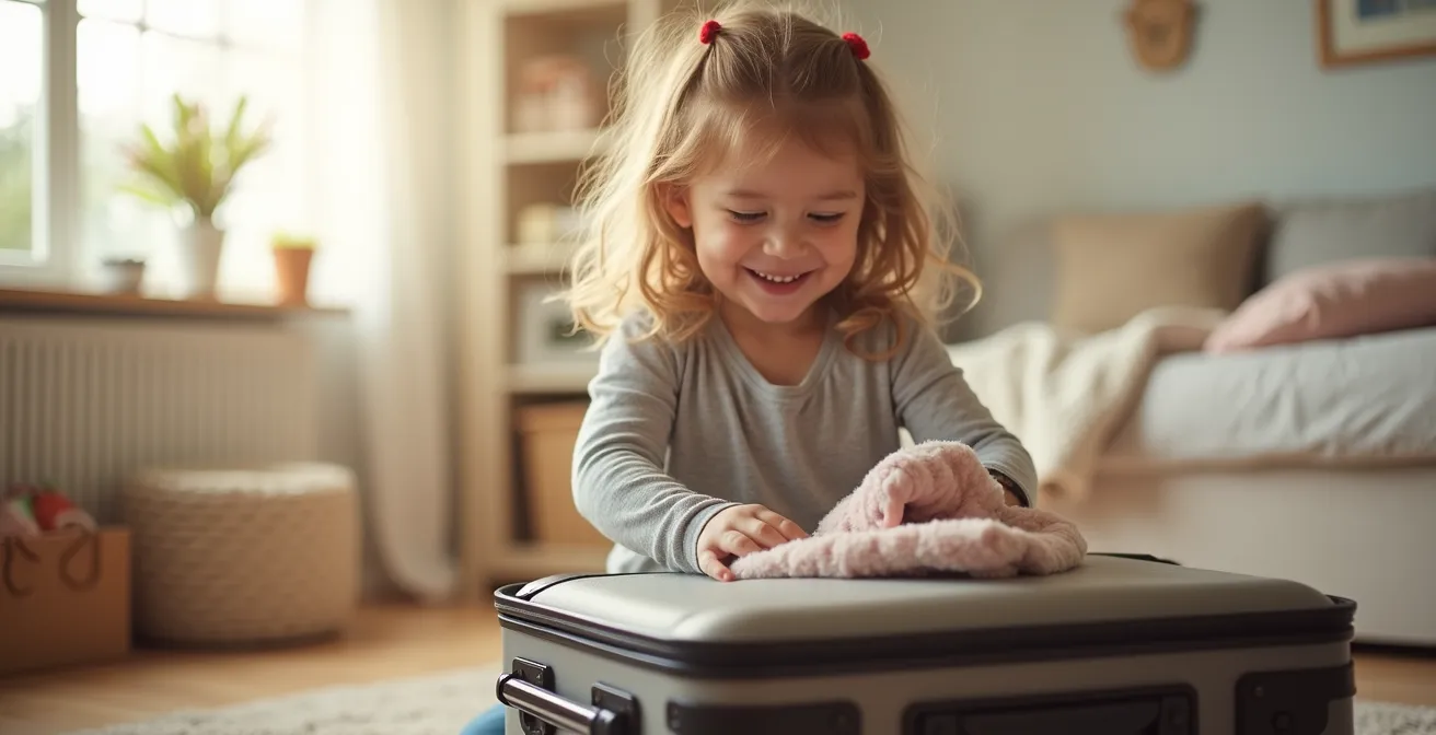 Enfant souriant préparant sa valise dans une chambre lumineuse