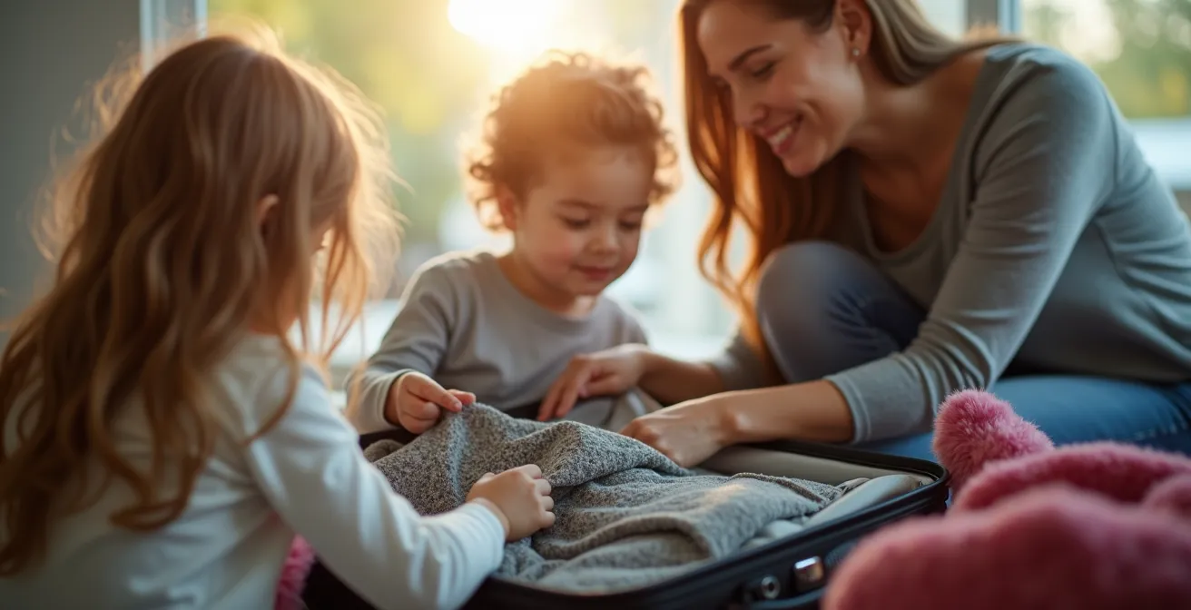Parent rassurant montrant une valise à un enfant, lumière douce, ambiance bienveillante
