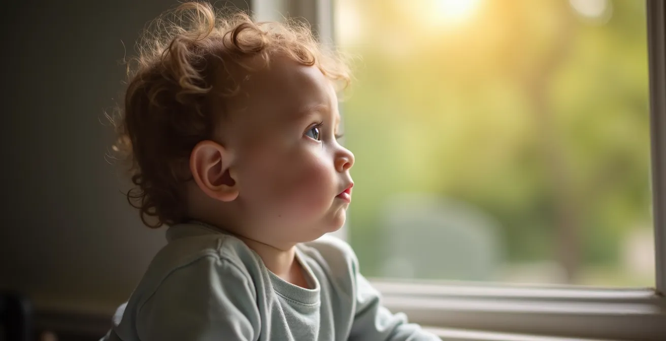 Enfant assis regardant au loin, ambiance mélancolique avec lumière douce et arrière-plan flou