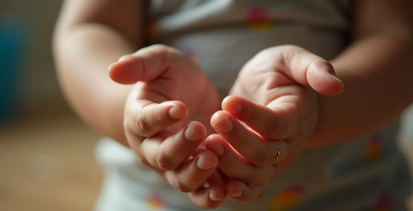 Illustration montrant les besoins fondamentaux d'un enfant - habitation sûre, alimentation, soins, jeu - en environnement serein.