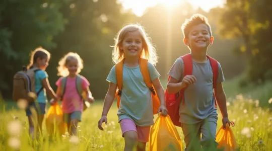 Enfants joyeux dans un cadre naturel, préparant leurs sacs pour une colonie de vacances, ambiance lumineuse, composition équilibrée avec espace négatif