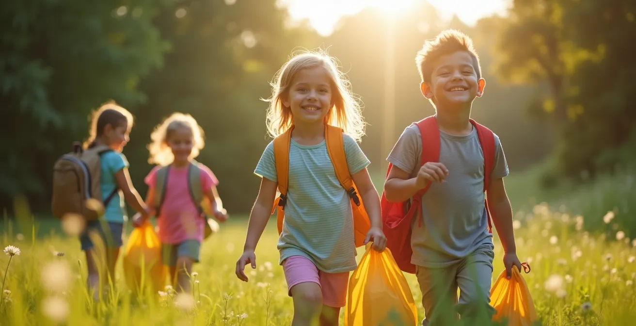 Enfants joyeux dans un cadre naturel, préparant leurs sacs pour une colonie de vacances, ambiance lumineuse, composition équilibrée avec espace négatif