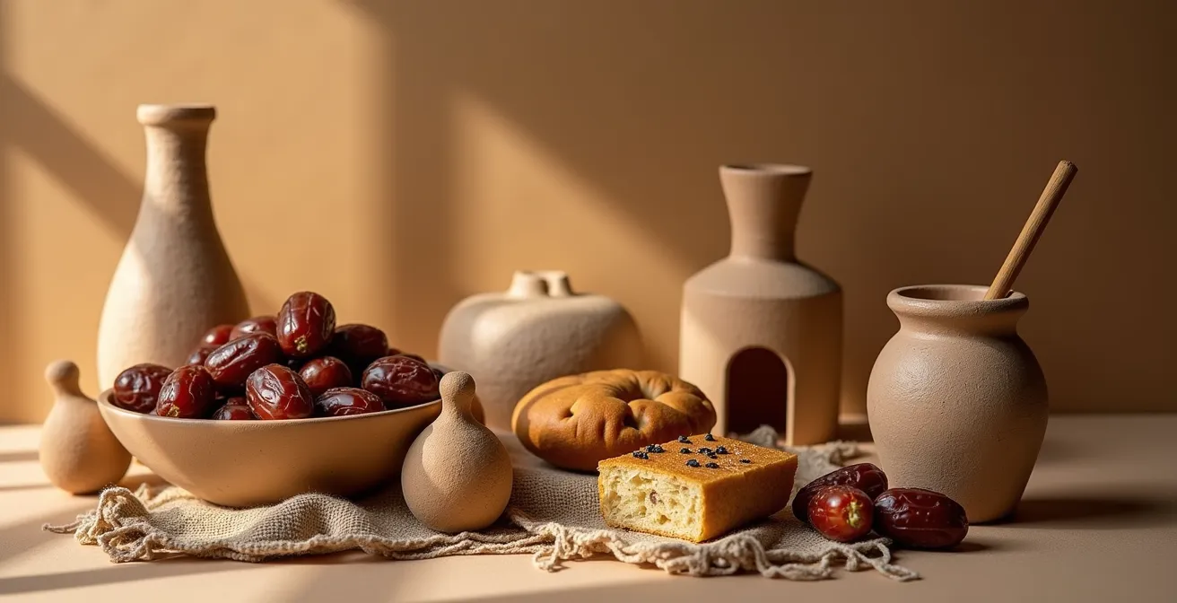 Scene représentant une ouverture culturelle - objets symbolisant la vie quotidienne palestinienne (nourriture, instruments, habitations).