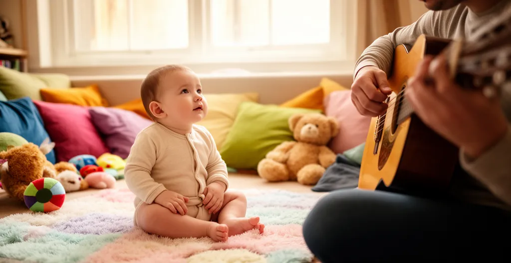 Bébé de huit mois assis sur un tapis regardant avec attention un adulte jouant de la guitare