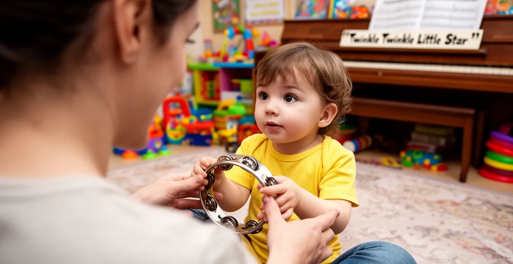 Parent guidant son enfant de trois ans qui tient un tambourin dans une salle de musique colorée
