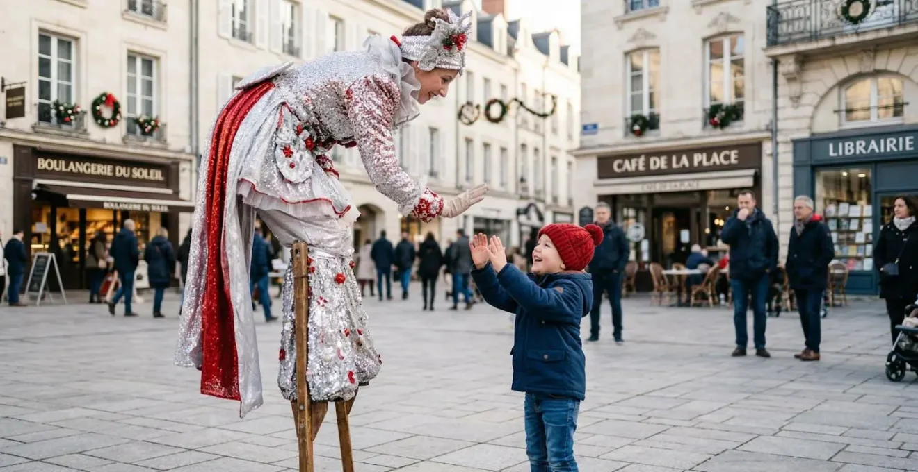 Artiste échassier en costume scintillant de Noël vu de dos interagissant avec un enfant portant une casquette rouge, sur une place de centre-ville français décorée, en plein jour