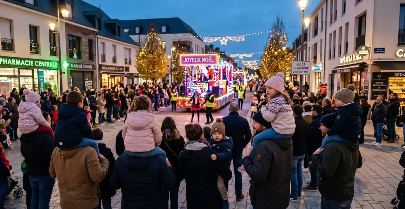 Foule de familles et enfants vus de dos observant le passage d'une parade de Noël illuminée dans une rue piétonne décorée au crépuscule