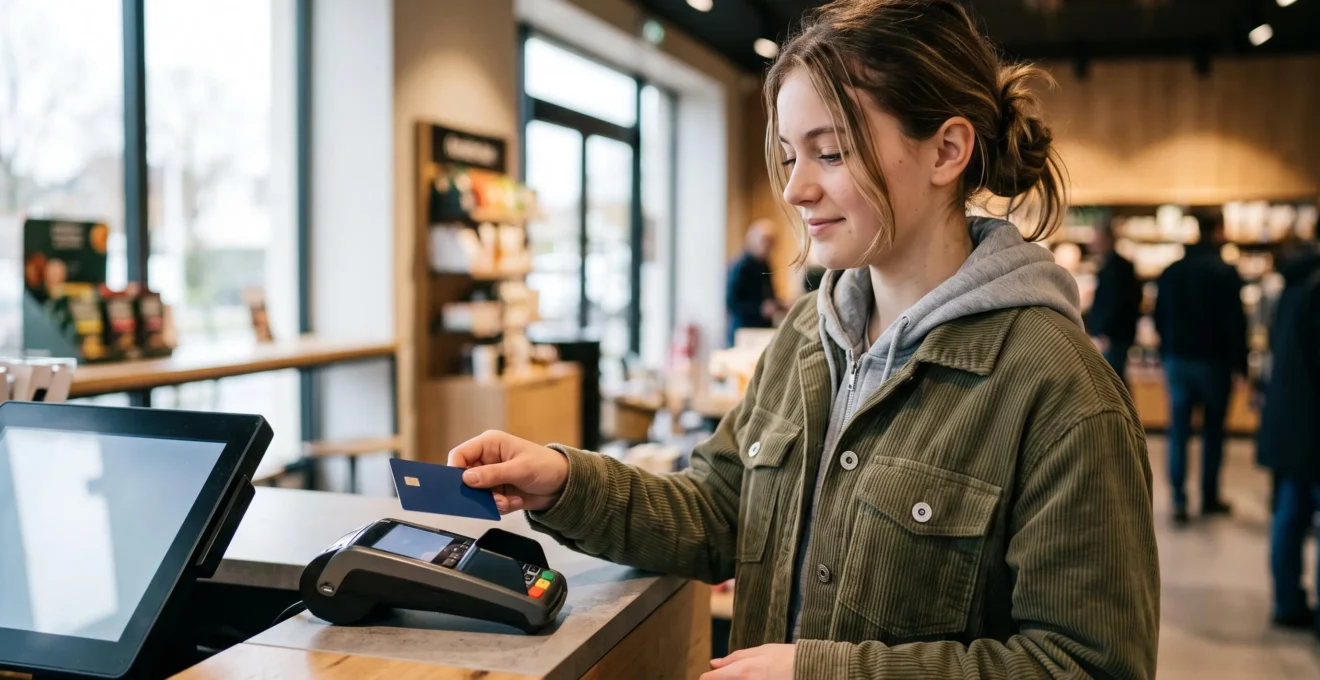 Adolescente effectuant un paiement sans contact avec sa carte bancaire sur un terminal de paiement dans un commerce.