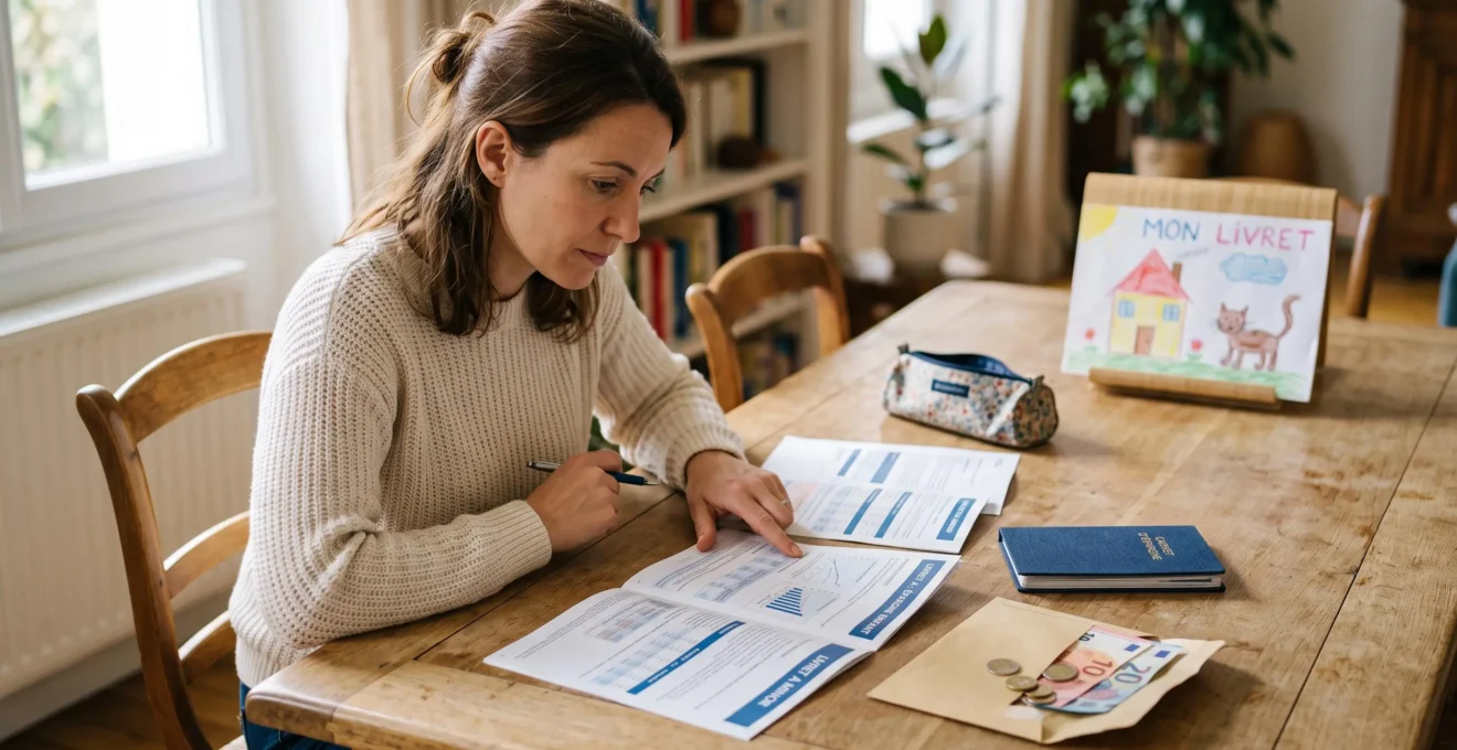 Parent comparant des documents bancaires pour préparer l'ouverture d'un Livret A au nom de son enfant